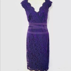 Tadashi Shoji Lace Embroidered Sheath Dress 6 Purple Cocktail V-Neck Knit